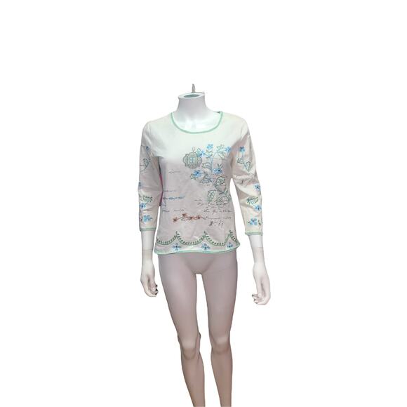 Petite Sophisticate White Long Sleeve Embroidered Beaded Design Top S - Picture 3 of 5